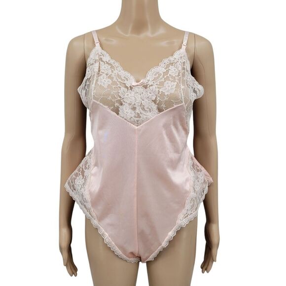 Vintage 80s Peach Lace Trimmed Satin Bodysuit Coquettegirl - Picture 1 of 10